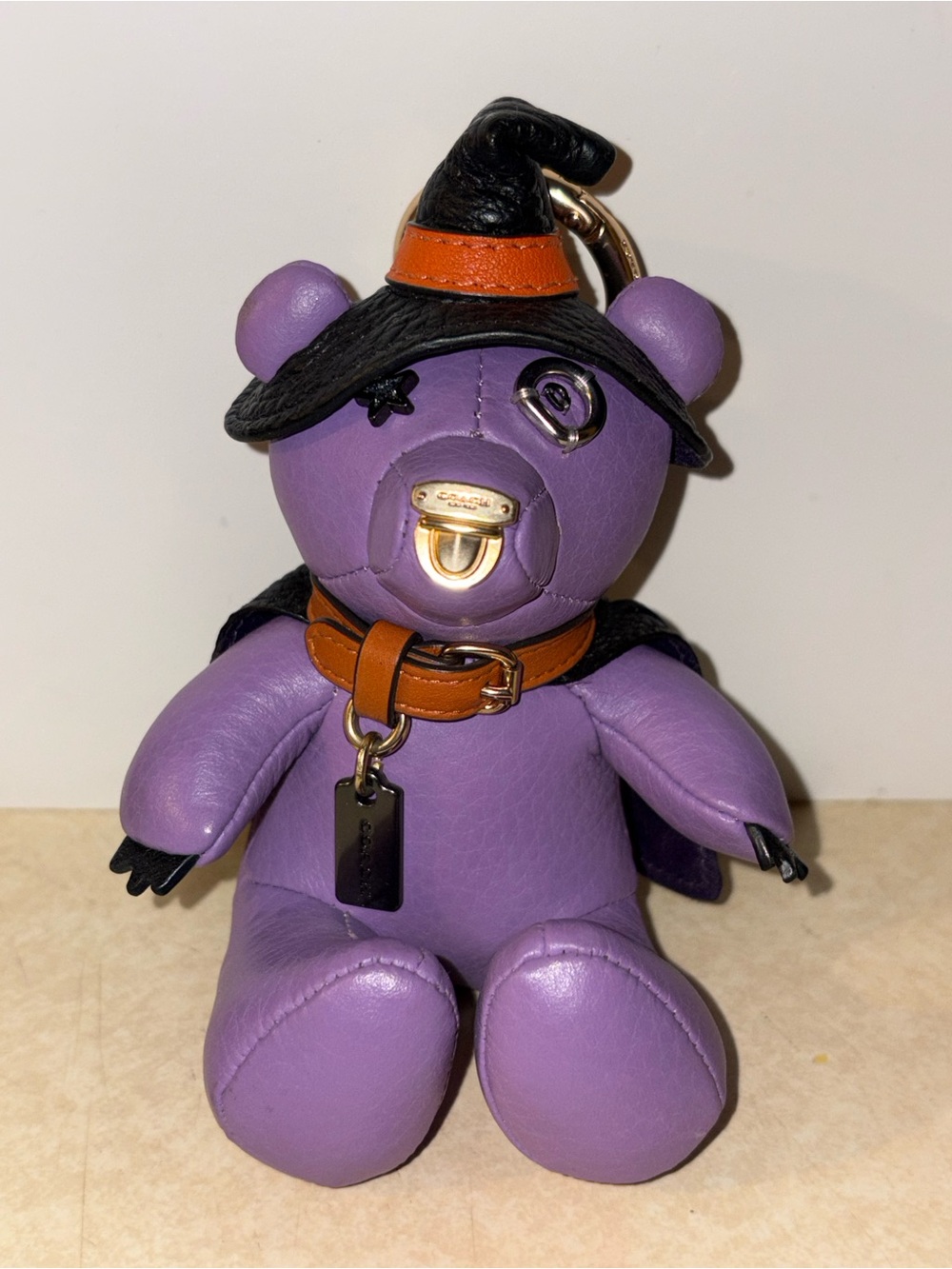 Coach Purple Witch Bear Keychain with Orange Collar